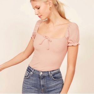 Reformation Lydia Puff Sleeve Square Neck Stretch Knit Ribbed Top Pink